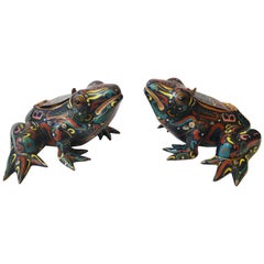 20th Century Pair of Cloisonné Frog Sculptures and Candleholders
