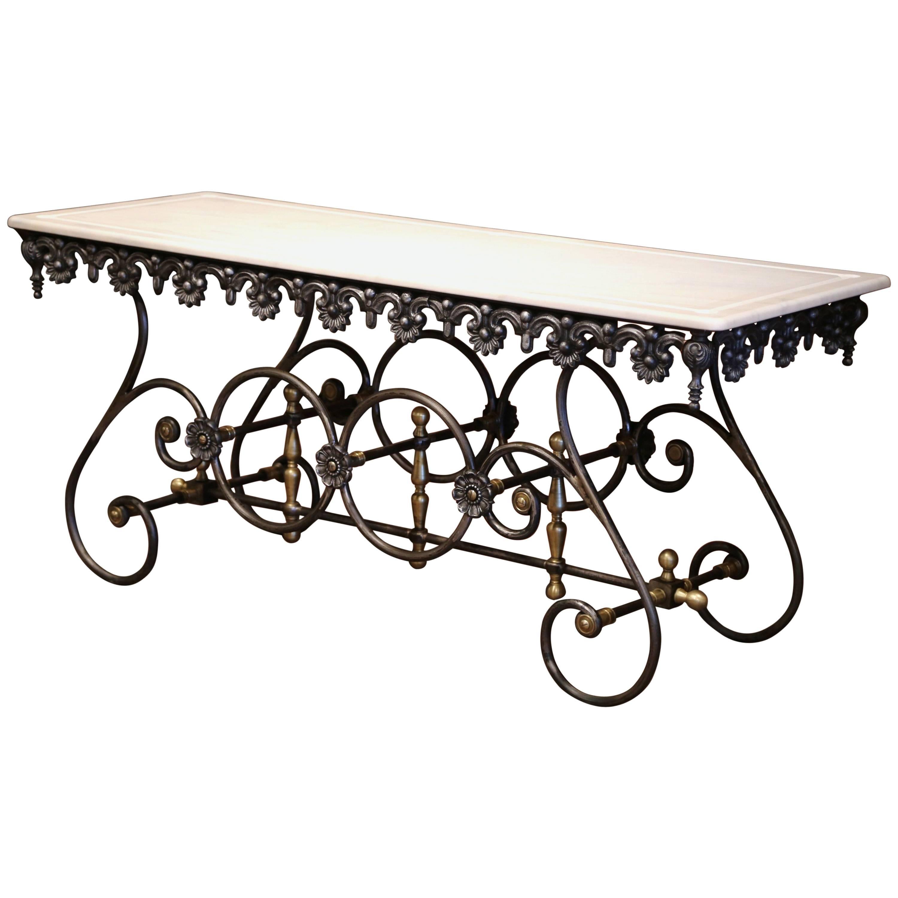 French Polished Iron Butcher Pastry Table with Marble Top and Brass Finials