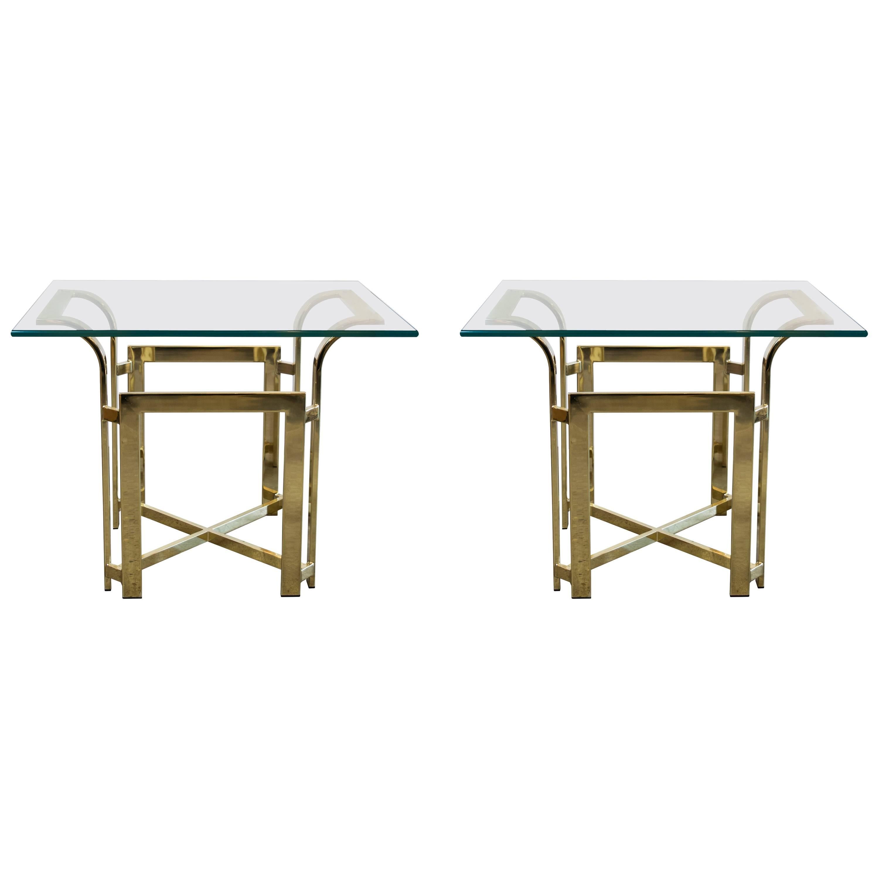 DIA X-Base Pair of Brass End or Bedside Tables with Fluted Waterfall Top
