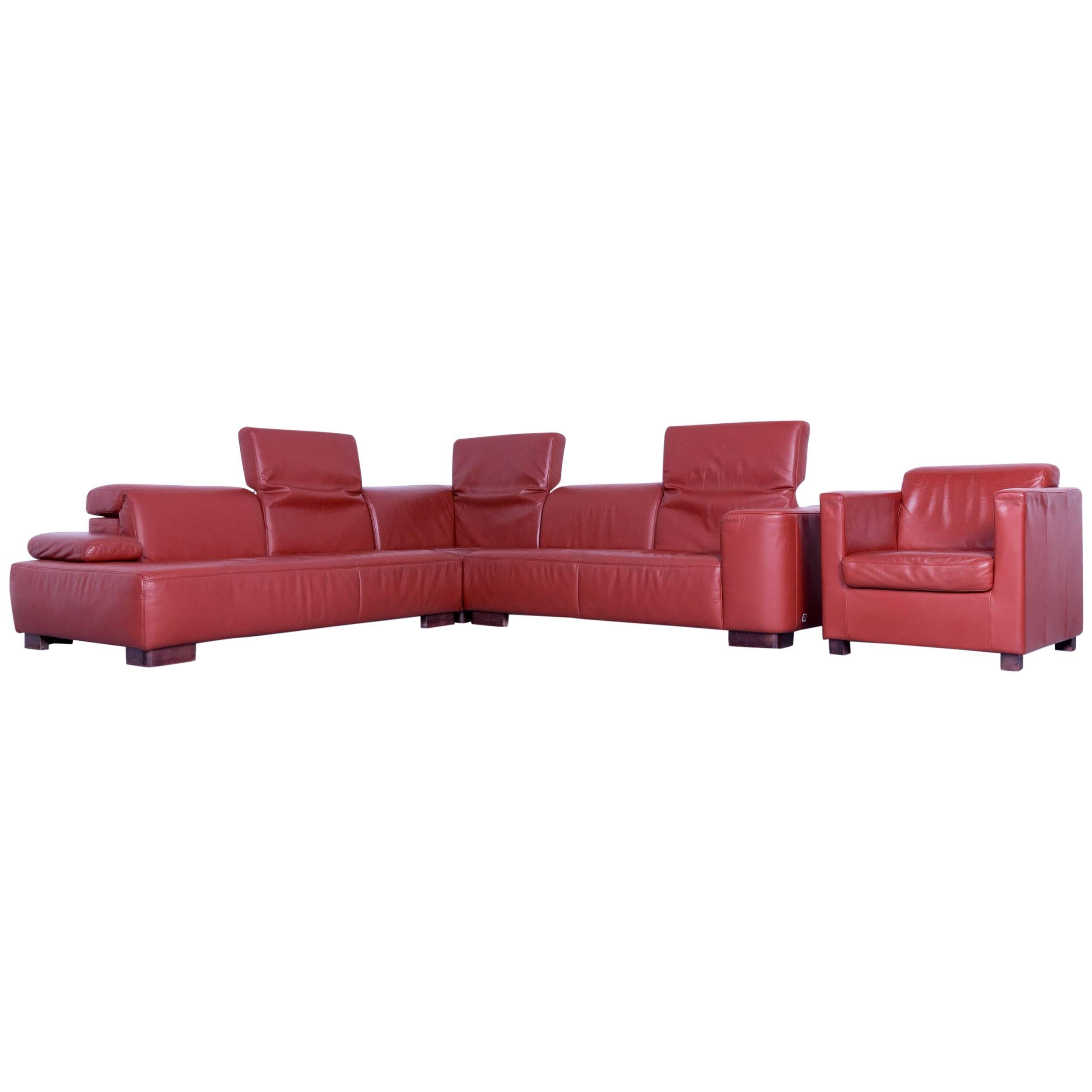 Ewald Schillig Designer Corner Sofa and Armchair Orange Red Leather Function