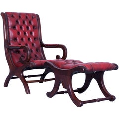 Chesterfield Armchair and Footstool Oxblood Red Leather Buttoned Vintage Retro