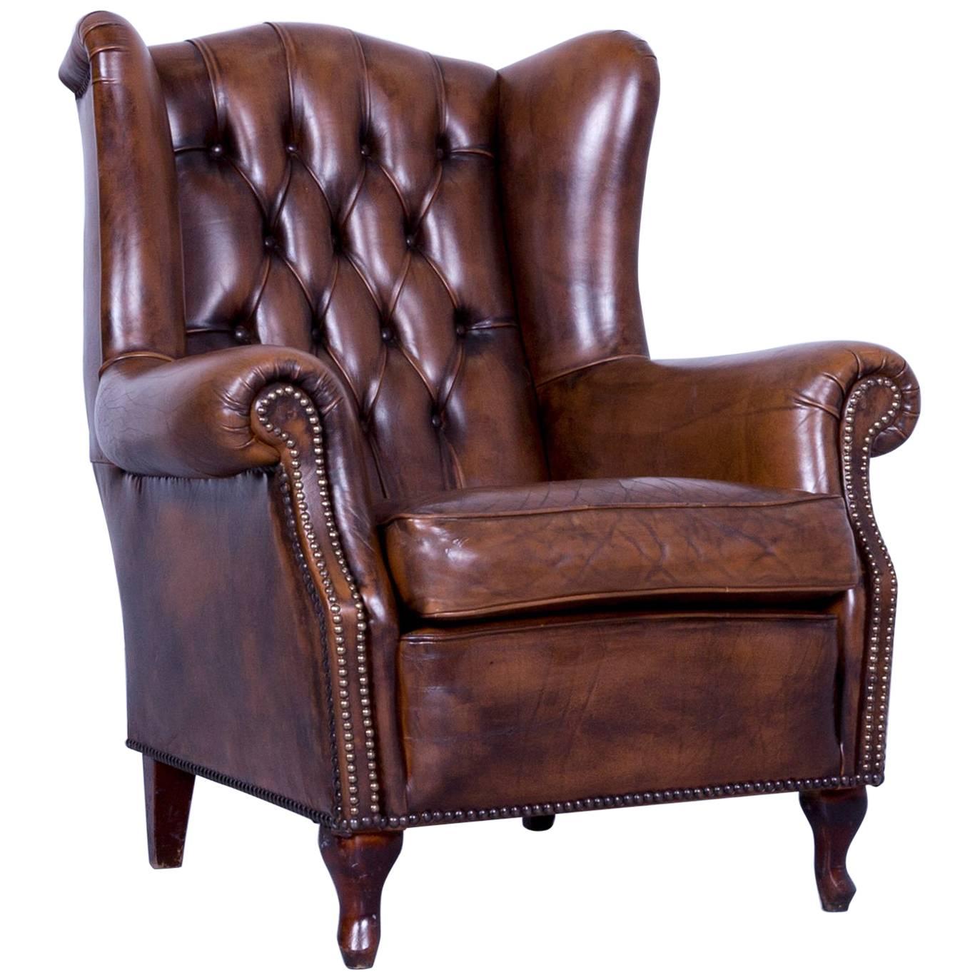 Chesterfield Armchair Brown Cocker Leather Buttoned Vintage Retro Wood Handmade For Sale
