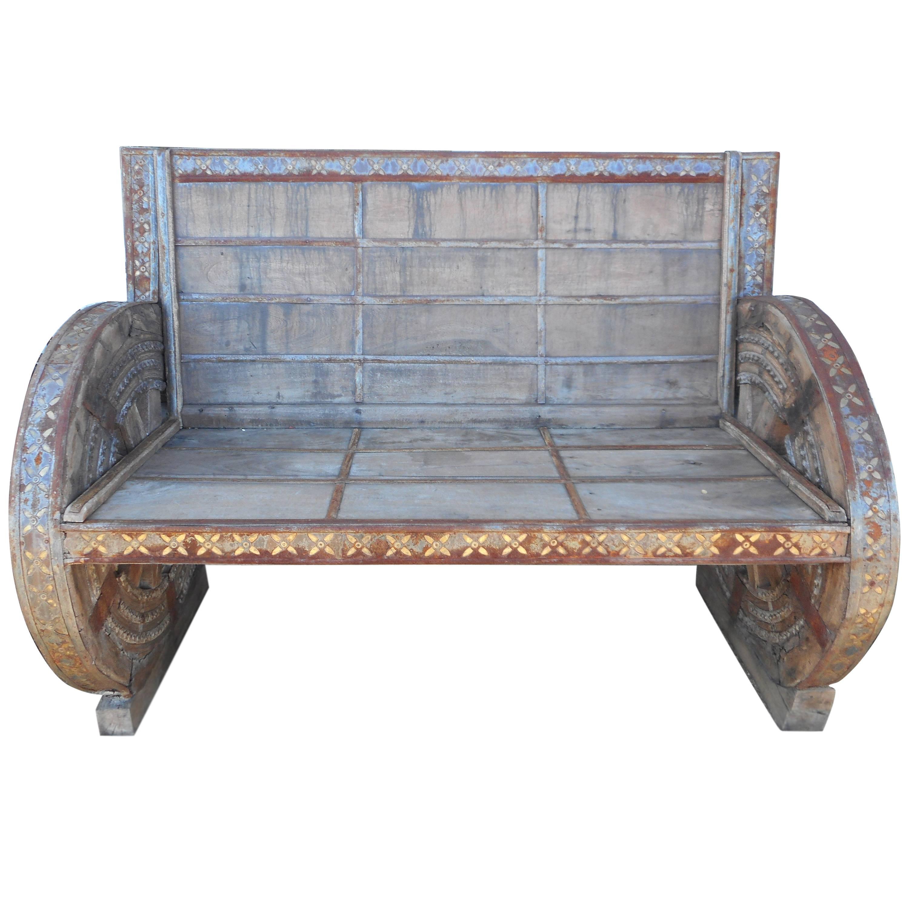 Impressive Vintage Metal and Wood Rustic Bench