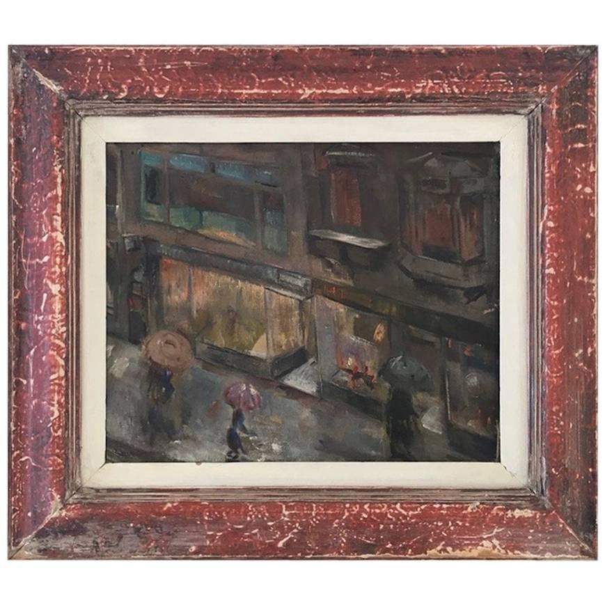 Oil Painting with Painted Red Frame of Rainy City Streets, circa 1950 For Sale