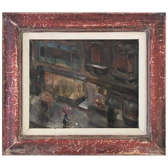 Oil Painting with Painted Red Frame of Rainy City Streets, circa 1950