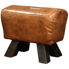 Early 20th Century Czech Pommel Horse Bench with Patinated Brown Leather