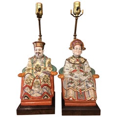 Retro Polychrome Chinese Porcelain Seated Figures of a Man and Woman as Lamps