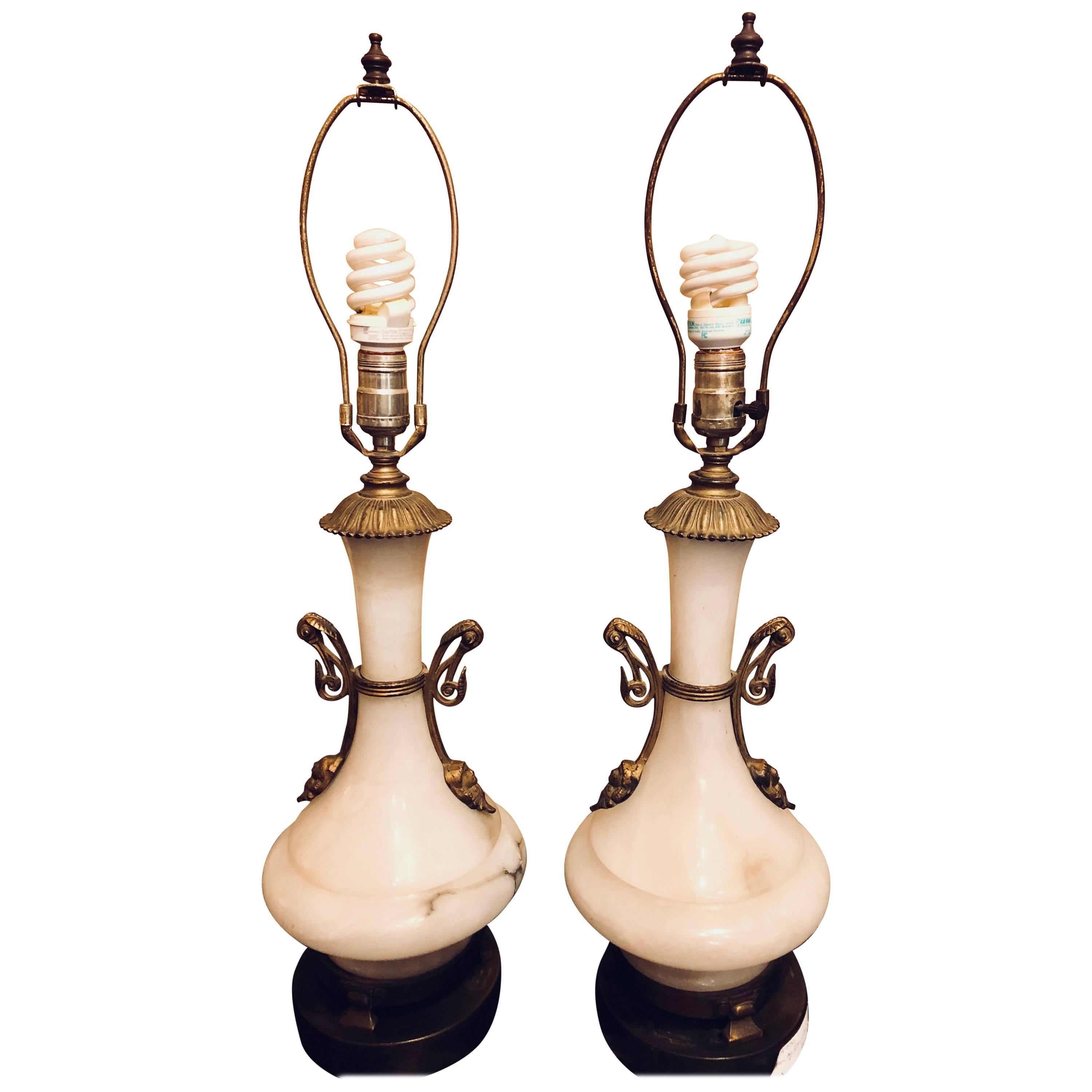 Pair of Alabaster Lamps Figural Bronze Mounted Table Lamps