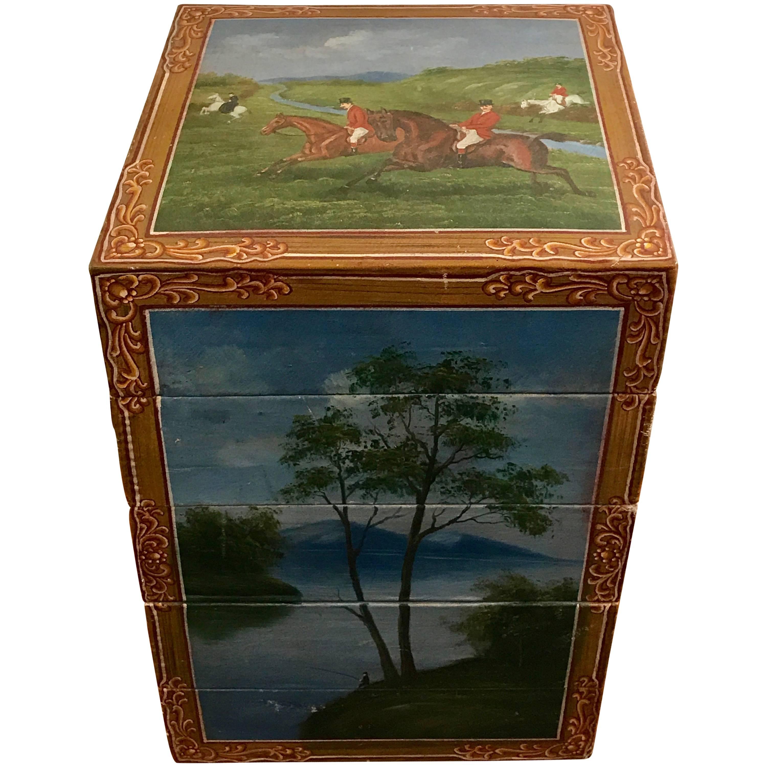 European Folk Art Hand-Painted Equestrian Theme Stacking Horse Tack Box