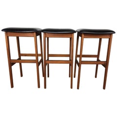 Danish Trio Set of Walnut and Leather Bar Stools