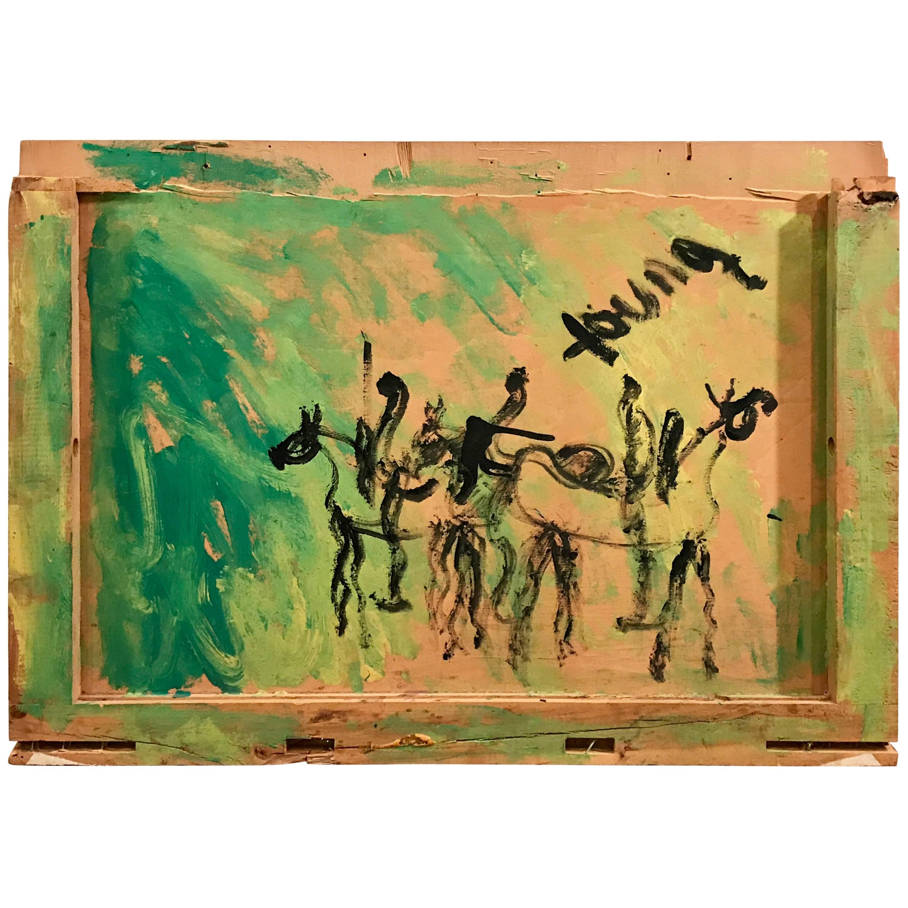Purvis Young Horse and Rider Modernist Abstract Painting on Found Crate