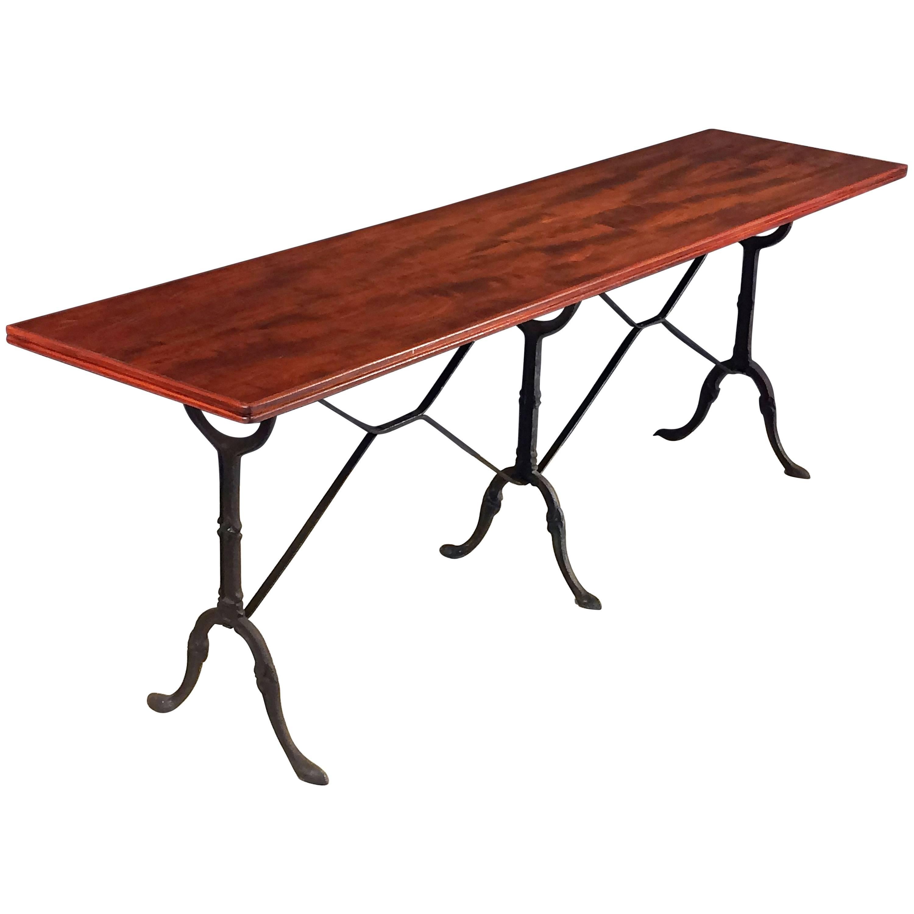 English Bistro or Console Table of Cast Iron with Wooden Top