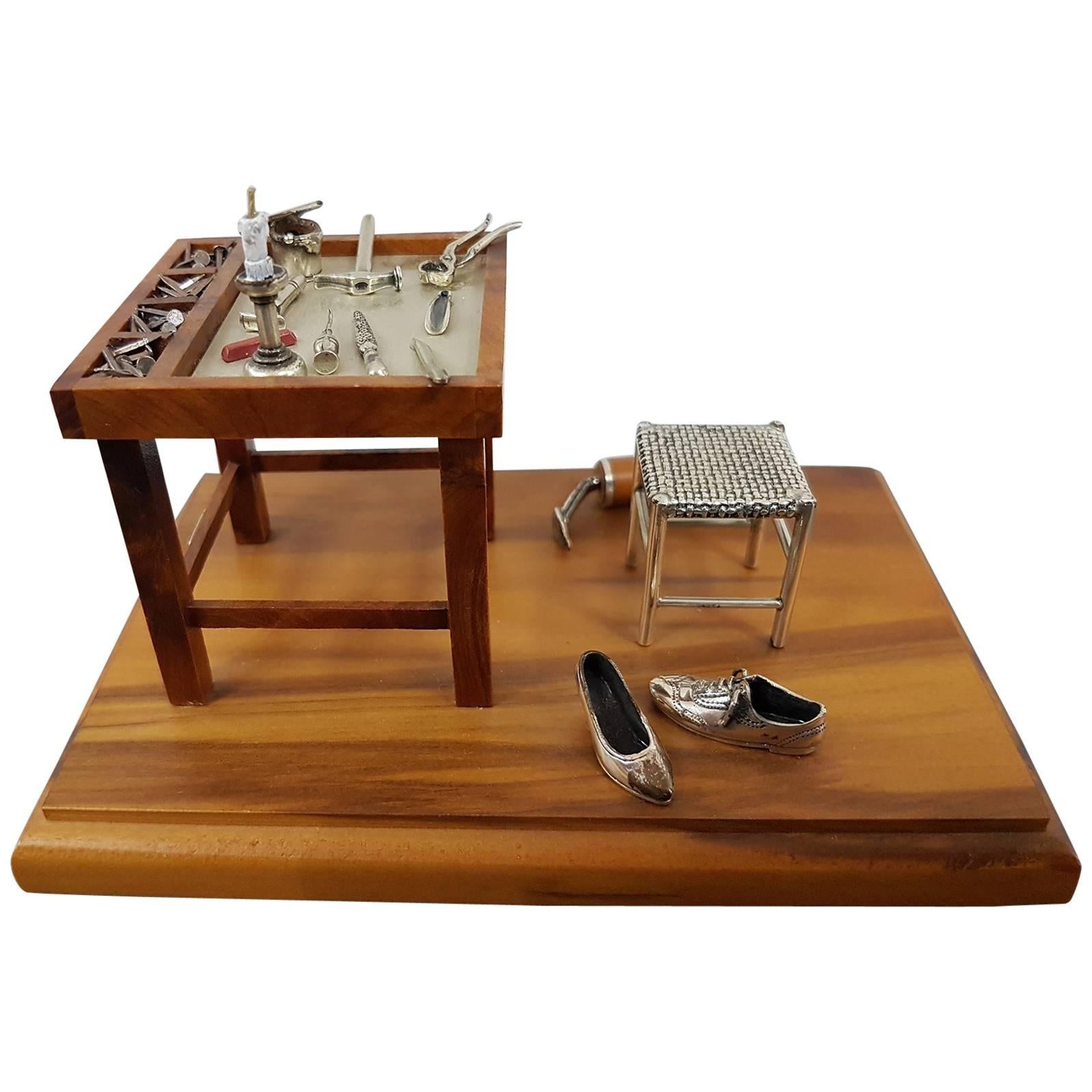 20th Century Italian Sterling Silver - Wood Miniature Cobbler Workshop