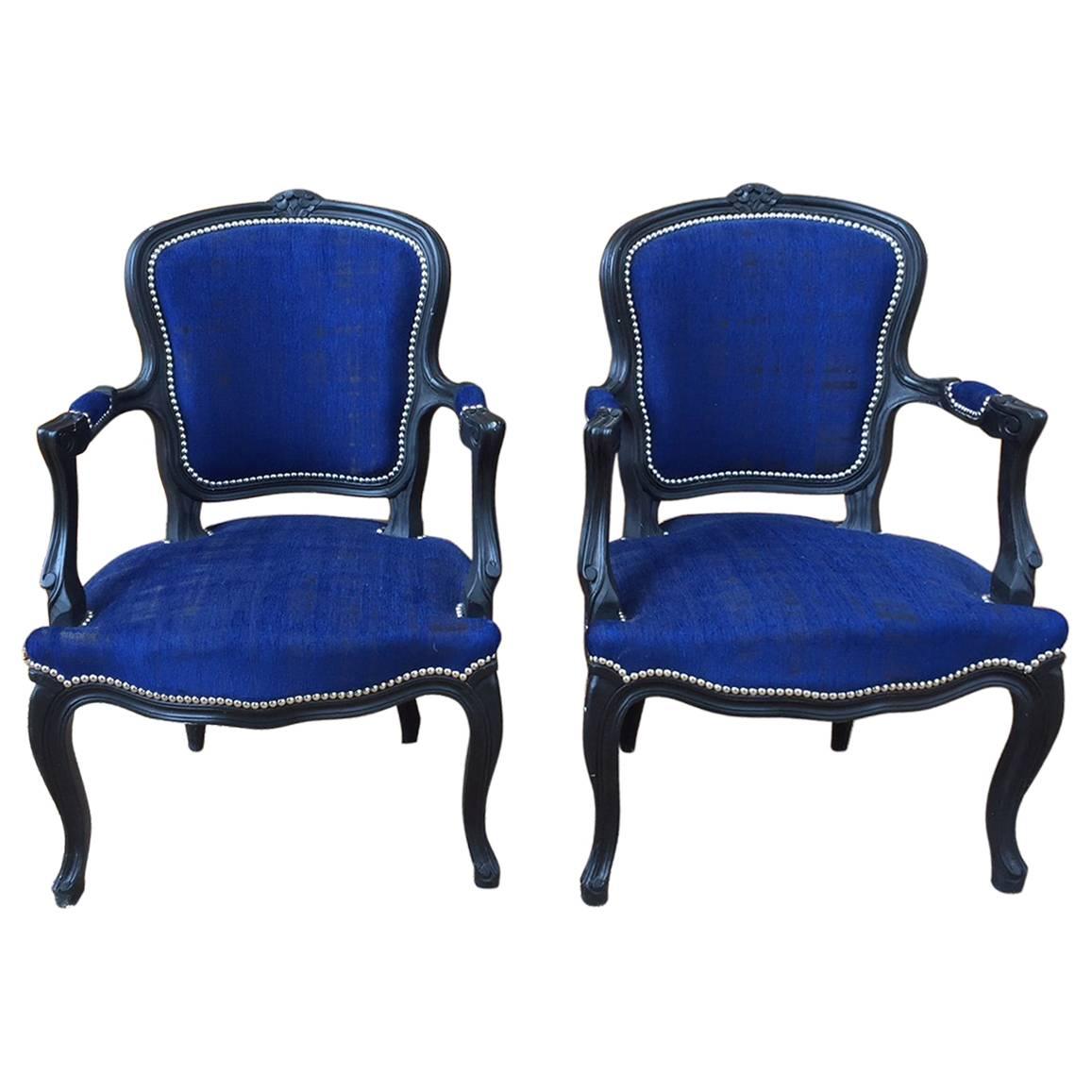 Pair of Blue Fabric and Black Wood Louis XV Style Cabriolet Chairs, 1940s