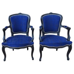 Vintage Pair of Blue Fabric and Black Wood Louis XV Style Cabriolet Chairs, 1940s