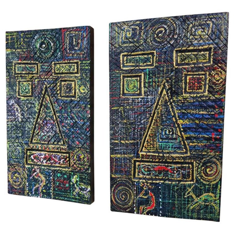 Set of Two African Tribal Carved and Painted Art Pieces For Sale at 1stdibs