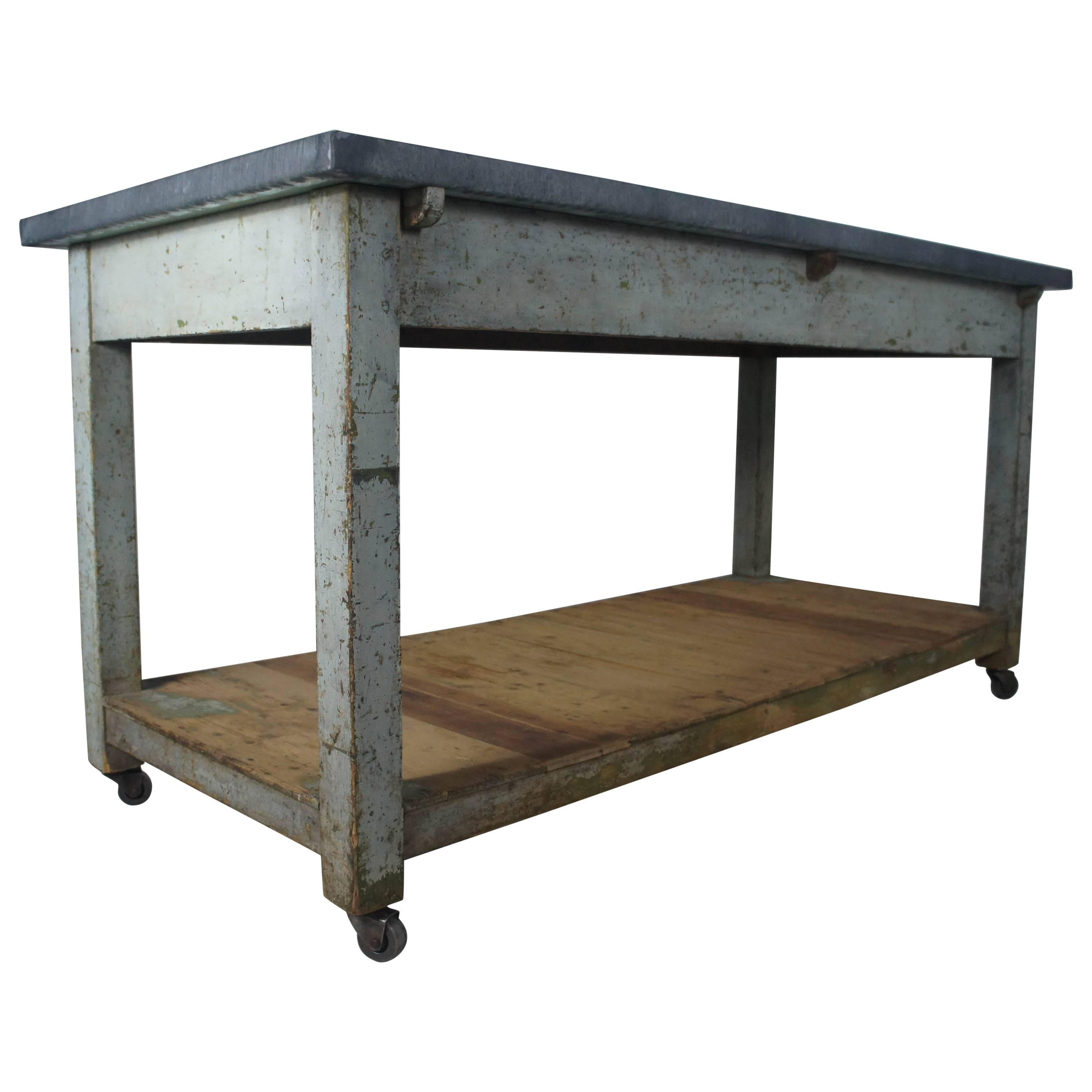 20th Century French Table, Sideboard or Kitchen Island with Zinc Top on Casters