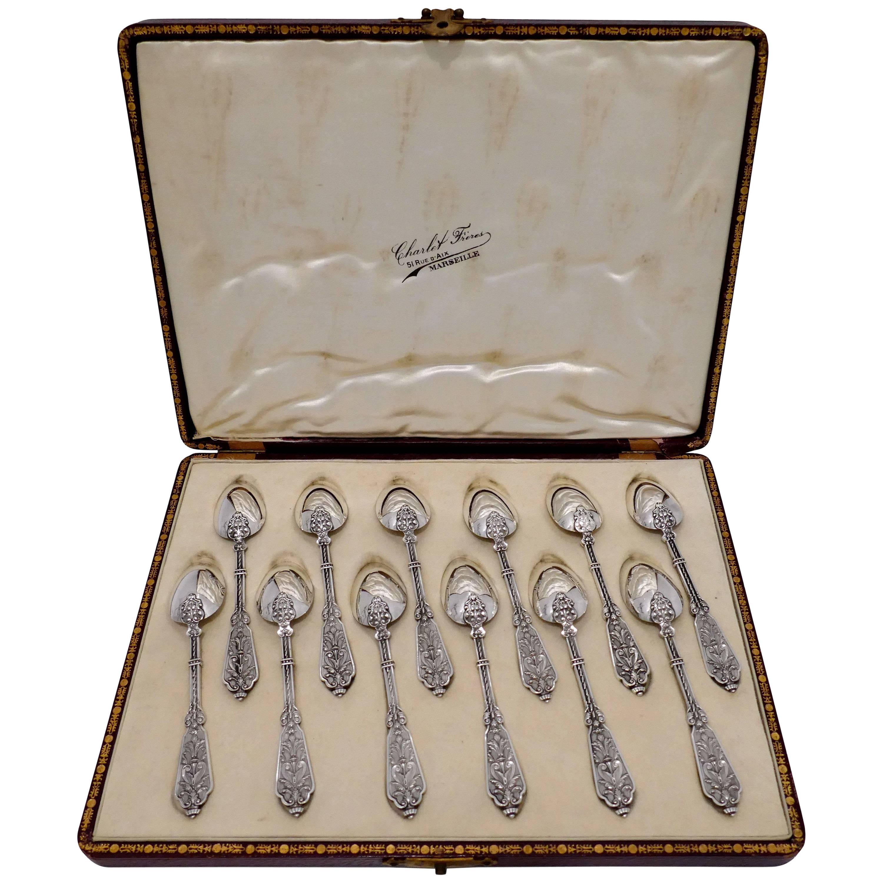 Puiforcat Rare French Sterling Silver Tea Dessert Spoons Set, Box, Renaissance For Sale