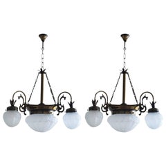 Pair of Midcentury Brass Frosted Glass Four-Light Chandelier Art Nouveau Style