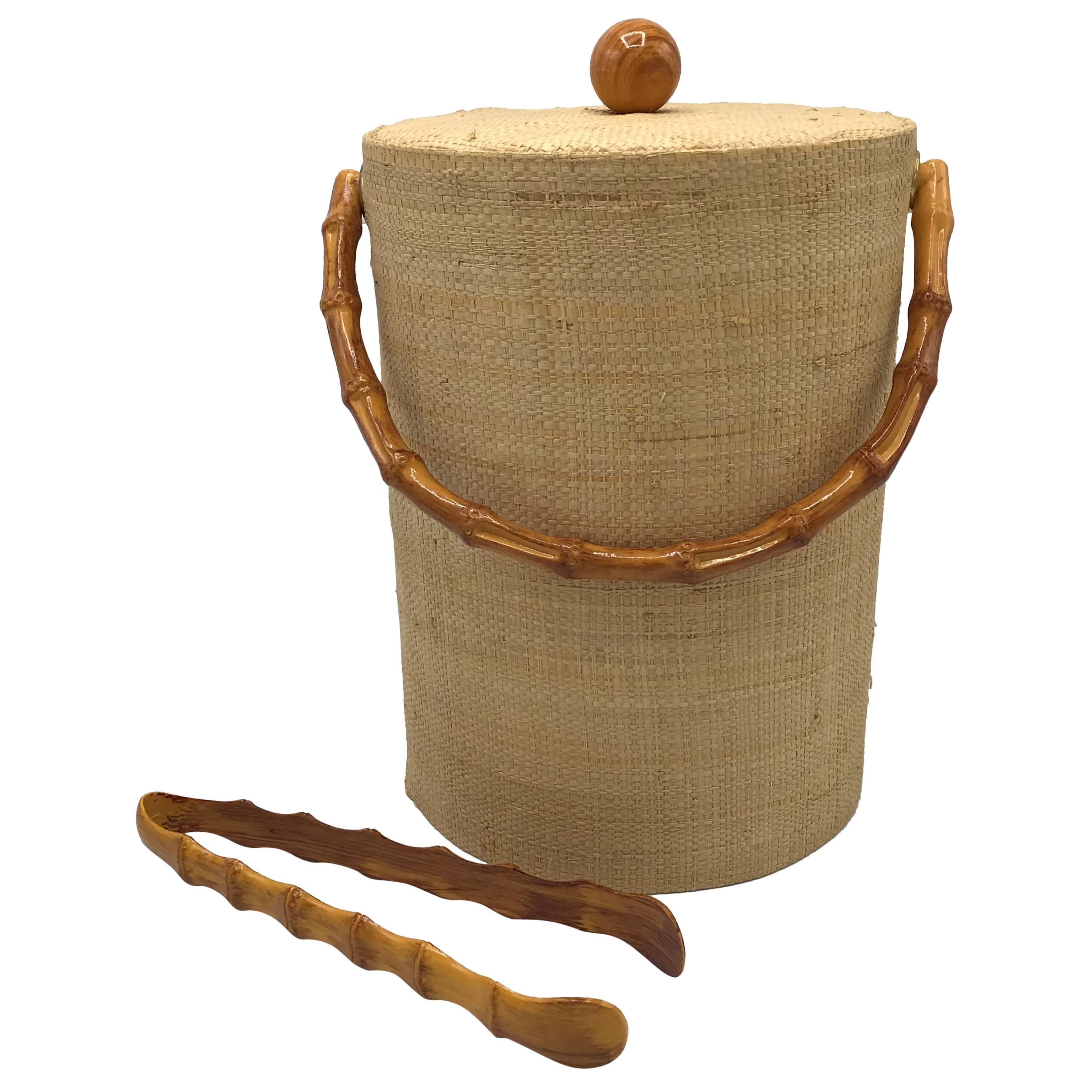 1980s Raffia Wrapped and Faux Bamboo Ice Bucket with Tongs at 1stDibs