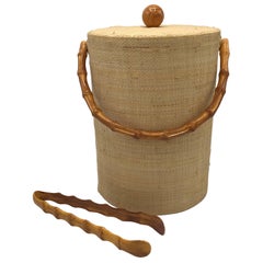 1980s Raffia Wrapped and Faux Bamboo Ice Bucket with Tongs