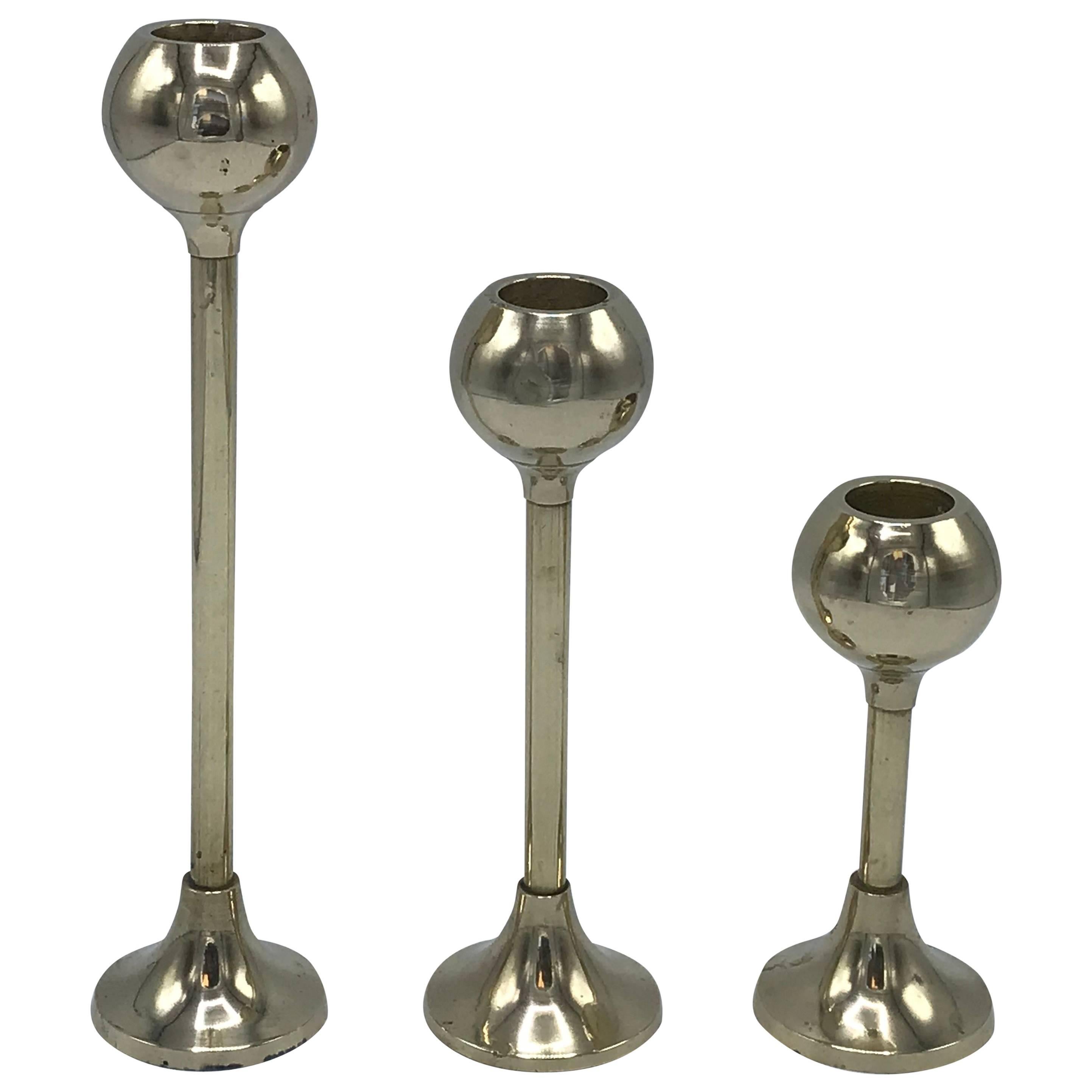 1970s Italian Modern Brass Floating Orb Candlesticks, Set of Three