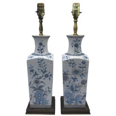 1960s Gold Imari Style Blue and White Lamps with Floral Motif, Pair