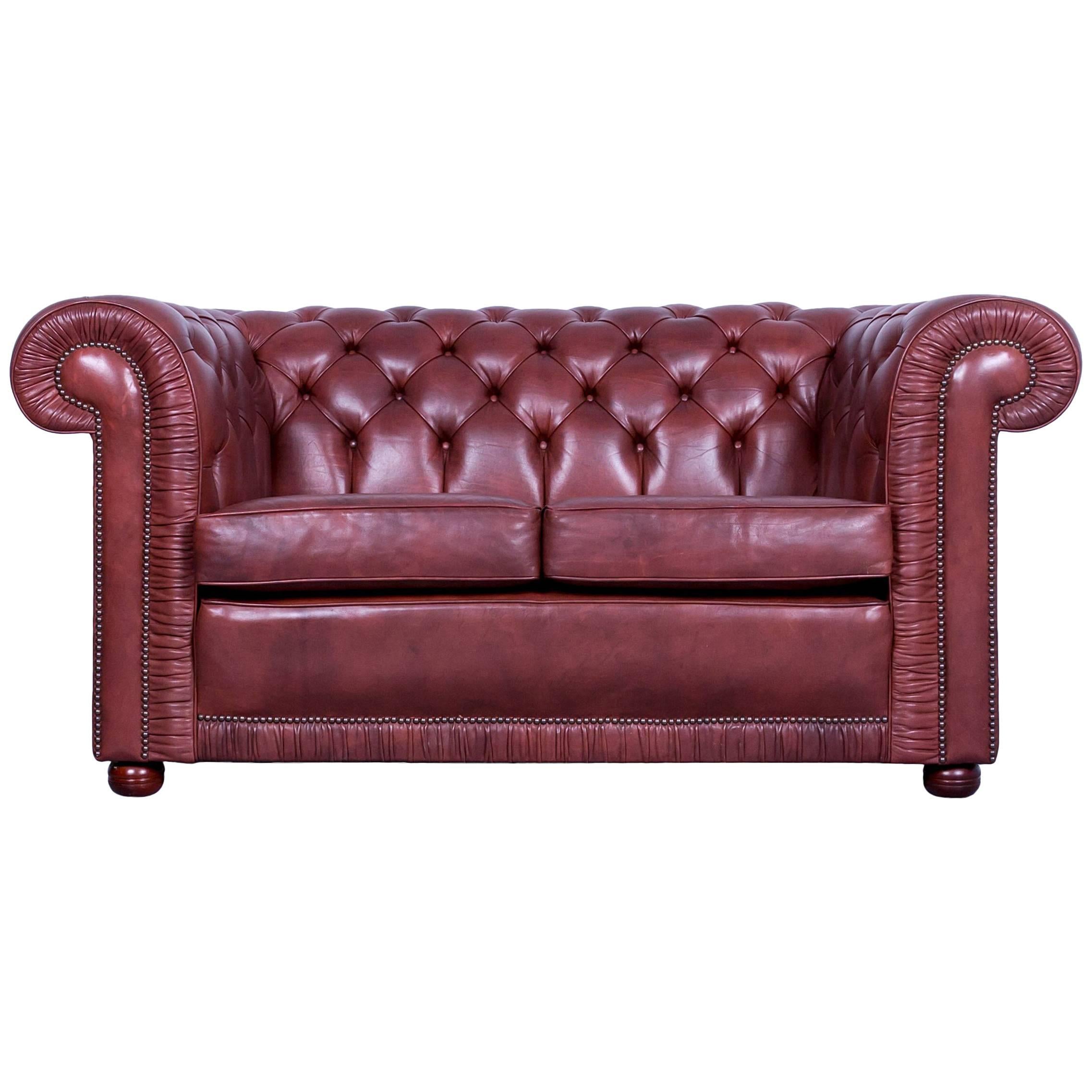 Chesterfield Two-Seat Sofa Red Brown Vintage Retro Handmade Rivets
