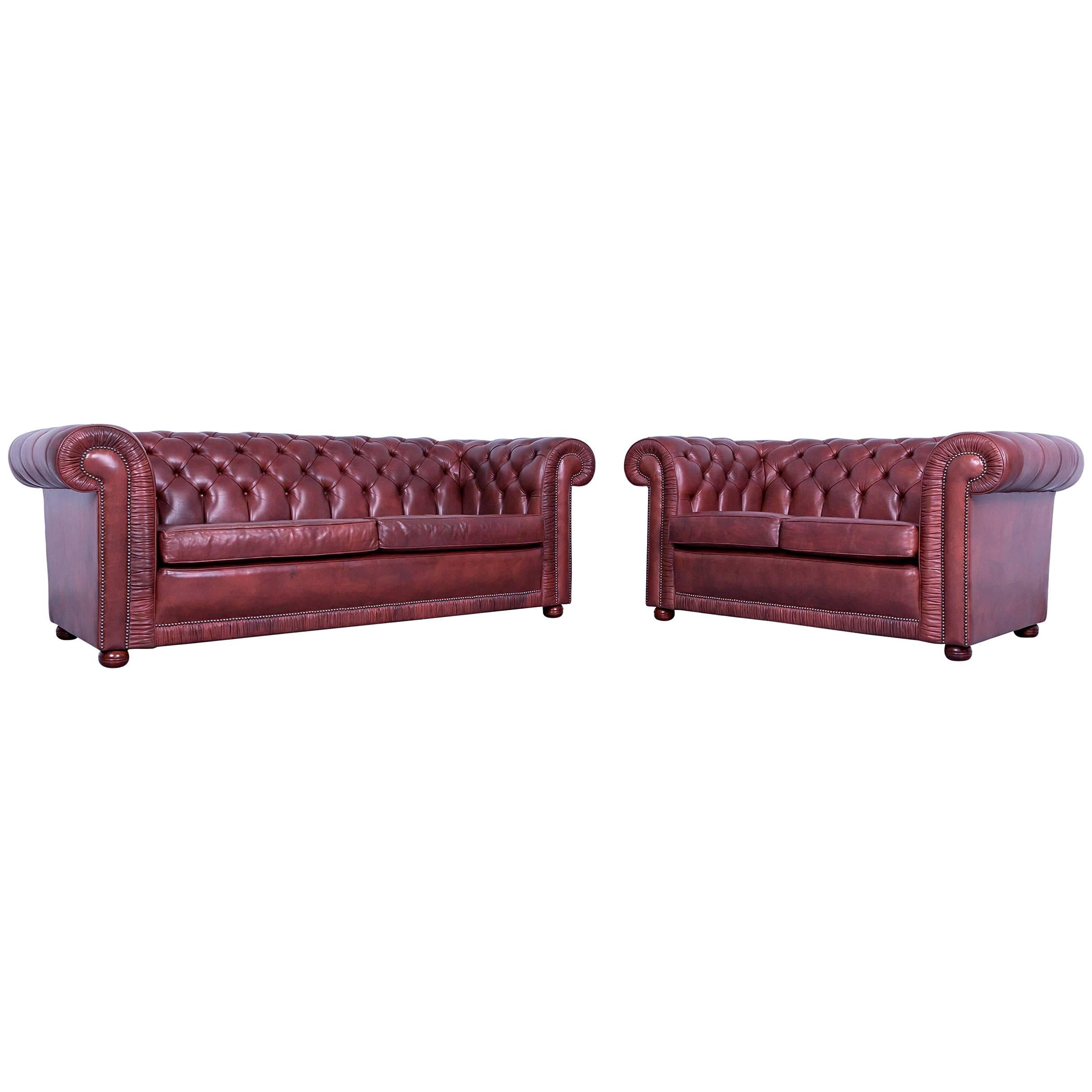 Chesterfield Sofa Set Three-Seat and Two-Seat Sofa Red Brown Vintage Rivets