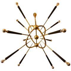 Vintage Late 20th Century Brass and Black Gyroscope Sputnik Chandelier with 12 Flames