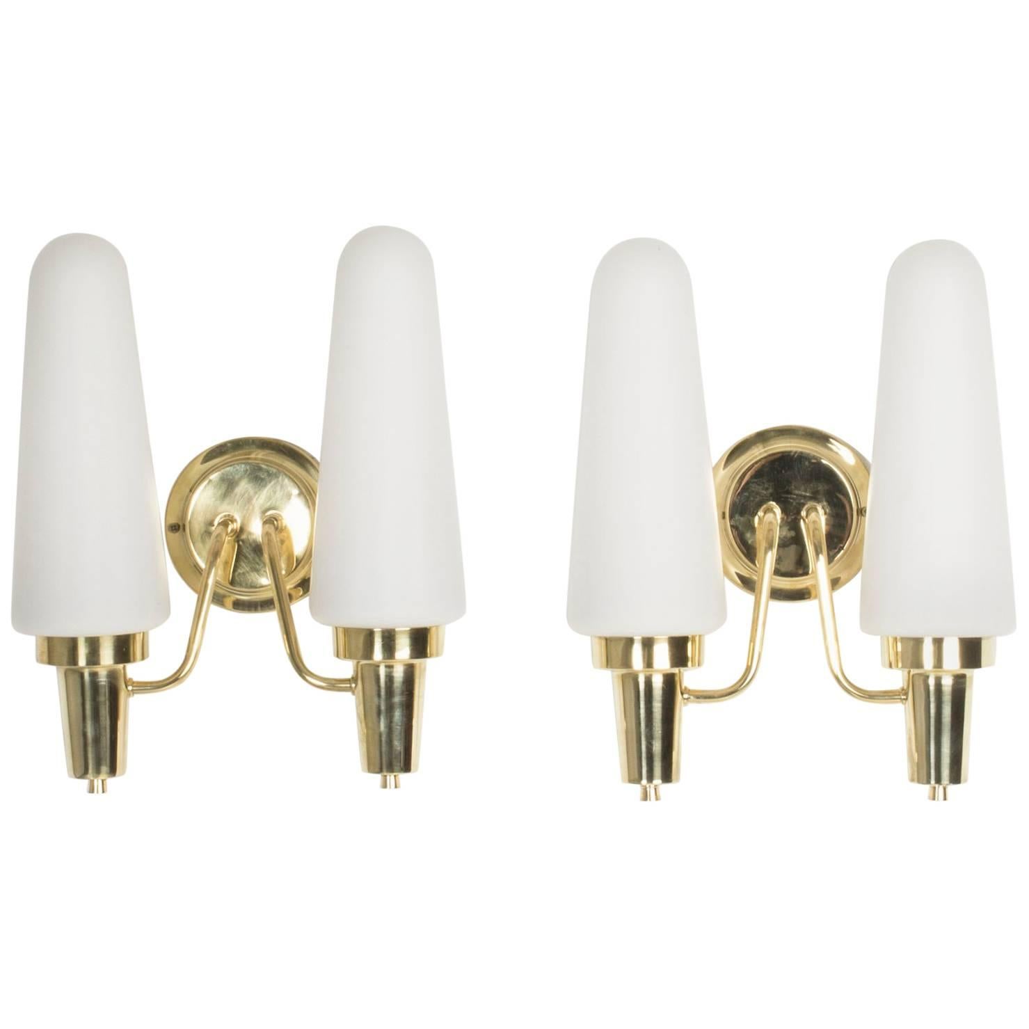Pair of Opaline Glass and Brass Wall Lamps