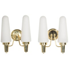 Pair of Opaline Glass and Brass Wall Lamps
