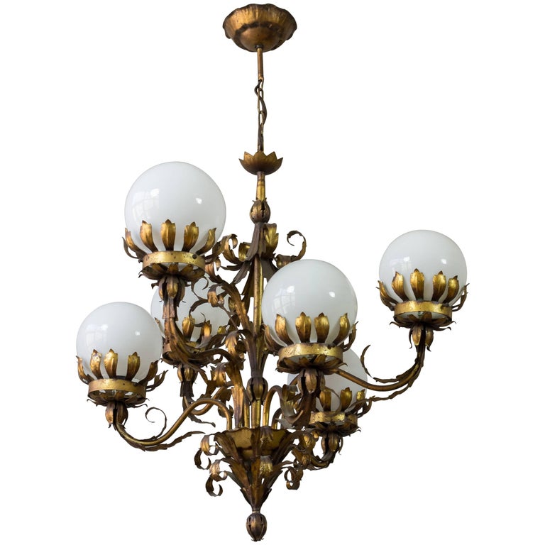 Gilt Metal Chandelier with White Glass Globes For Sale at 1stdibs