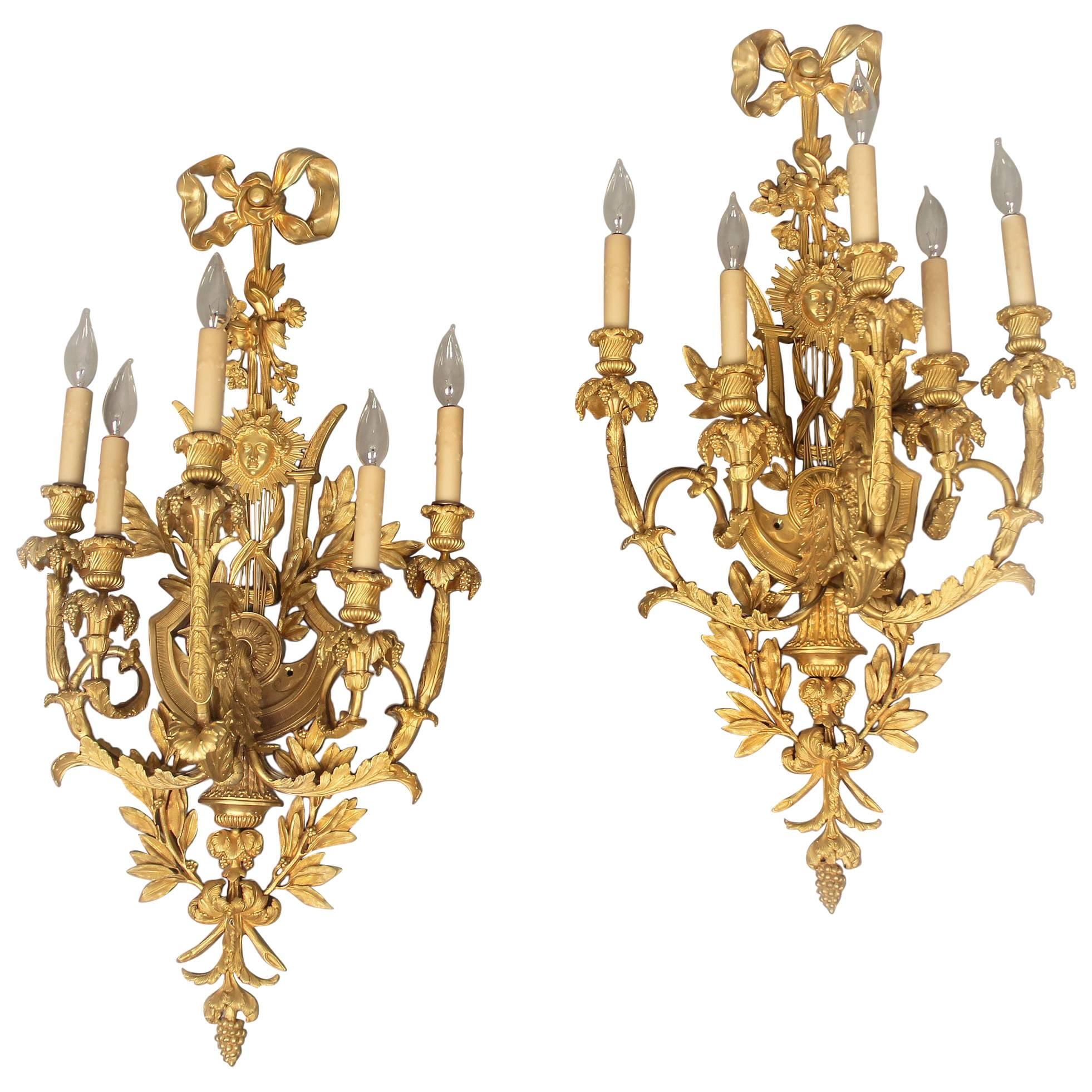 Large and Elaborate Pair of Early 20th Century Gilt Bronze Five-Light Sconces