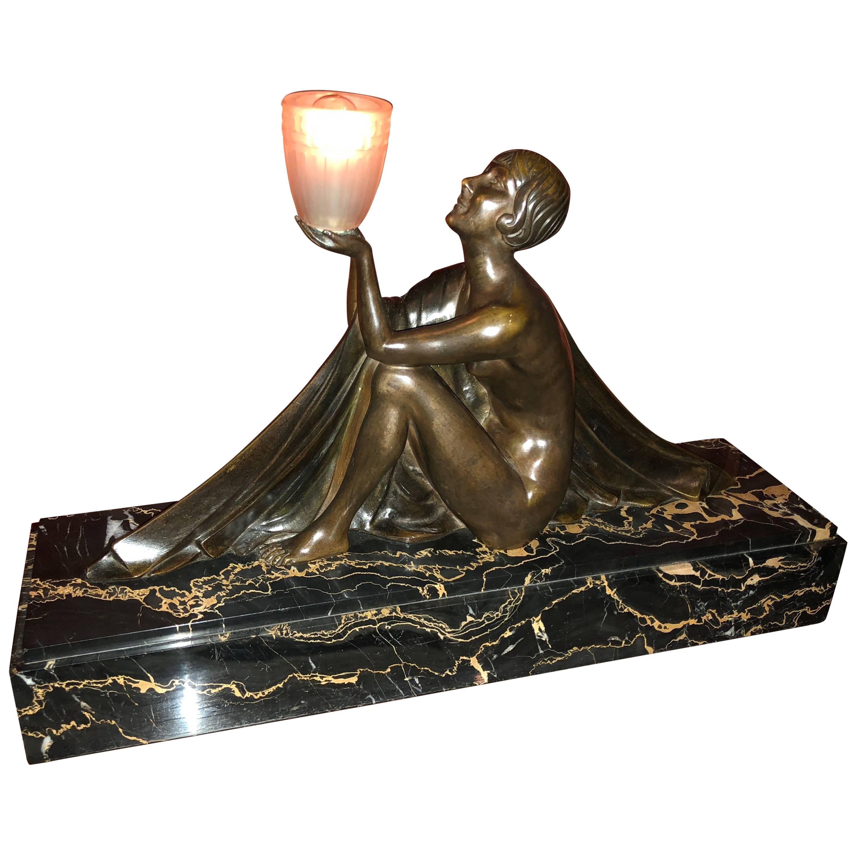 French Art Deco Bronze and Marble Lamp by J. Lormier Statue Sculpture