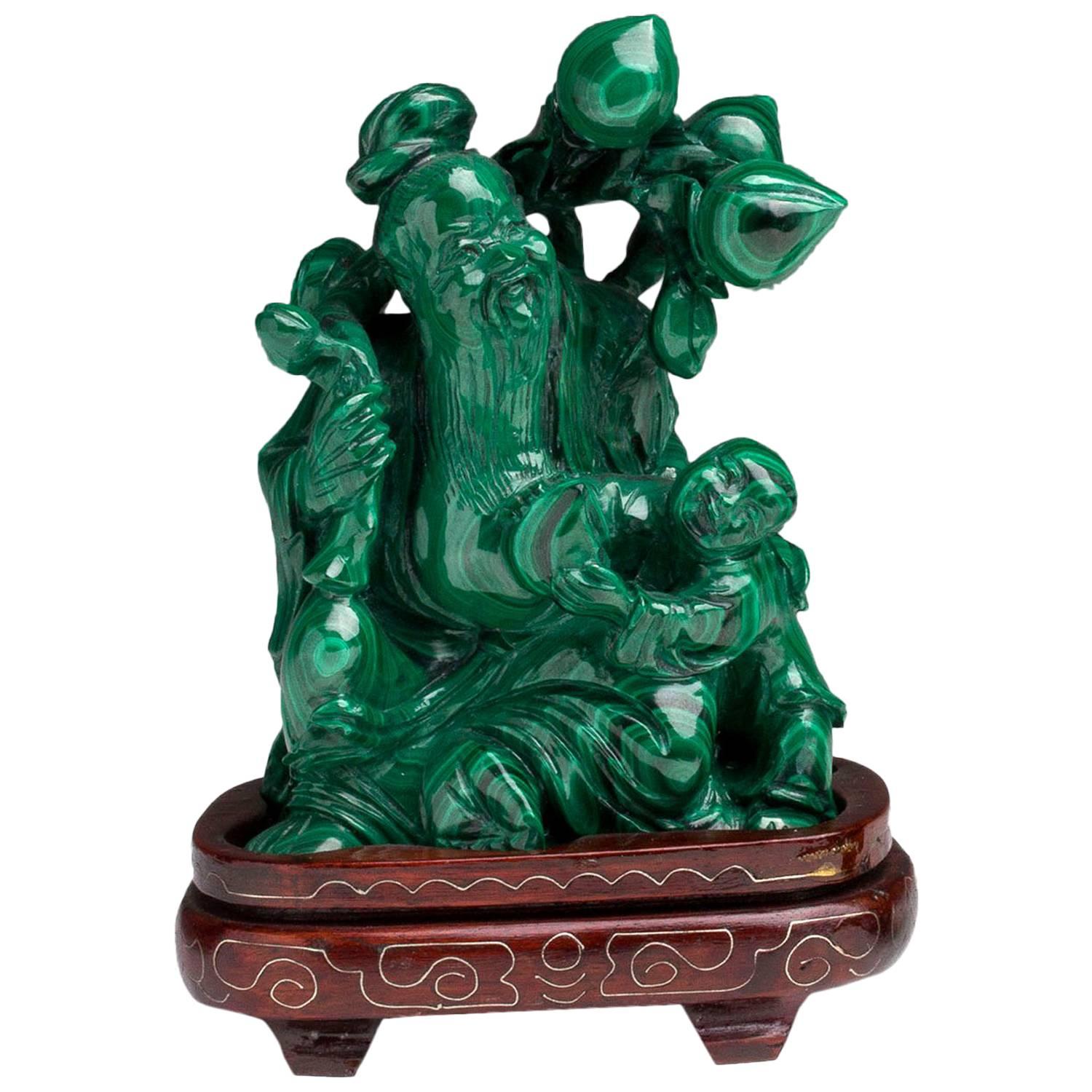 Carved Malachite Figure of Shou Lao, the God of Longevity, China For Sale