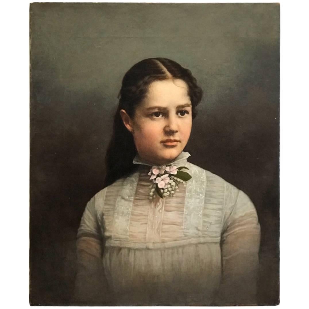 19th Century Young Lady Portrait , Oil on Canvas Painting