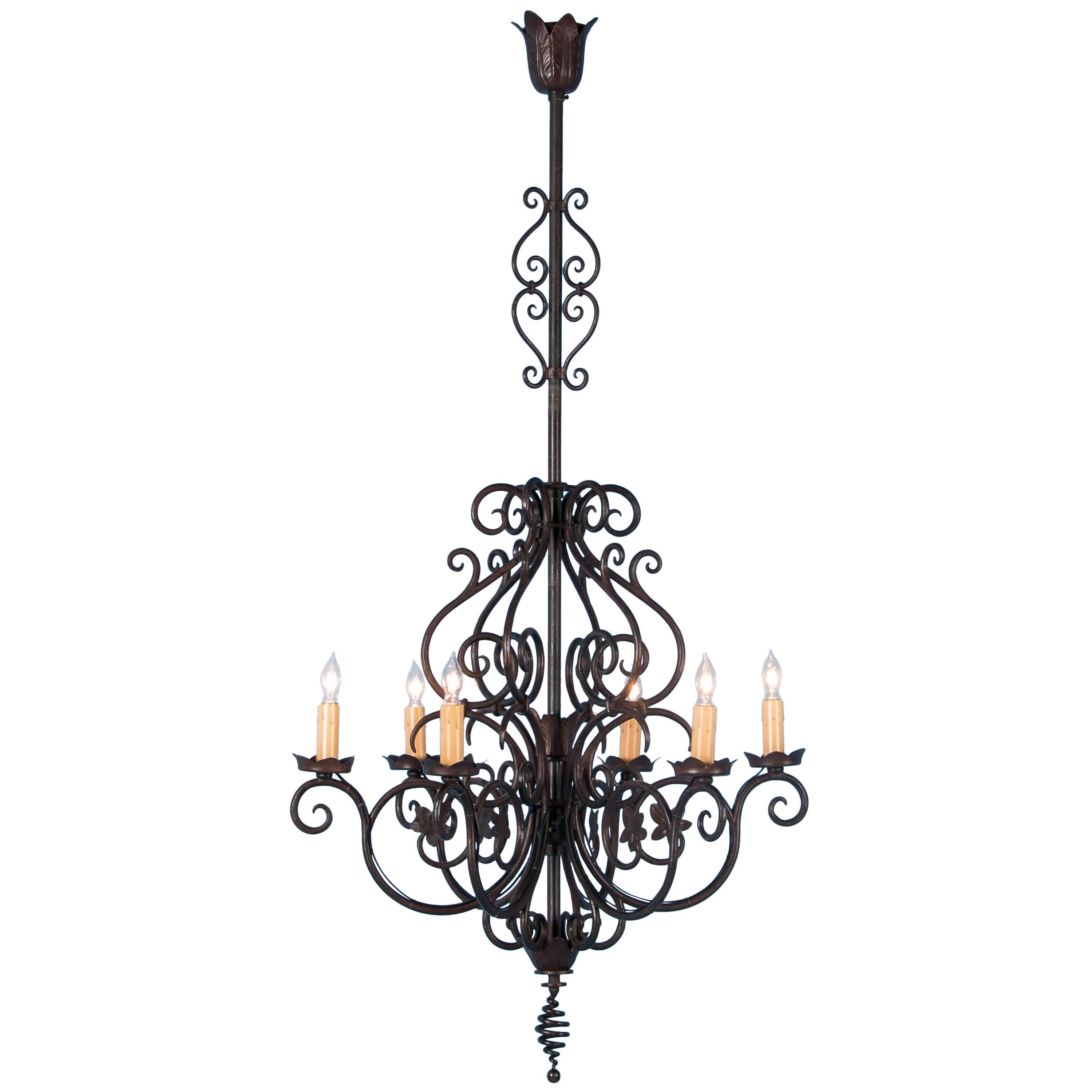 Antique French Six-Light Wrought Iron Chandelier