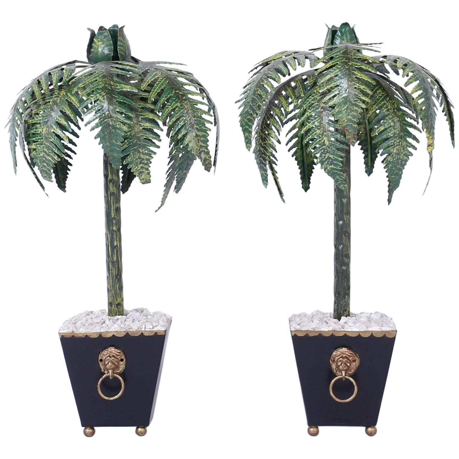 Pair of Tall Tole Palm Tree Candlesticks