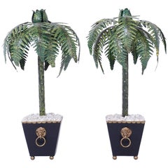 Antique Pair of Tall Tole Palm Tree Candlesticks