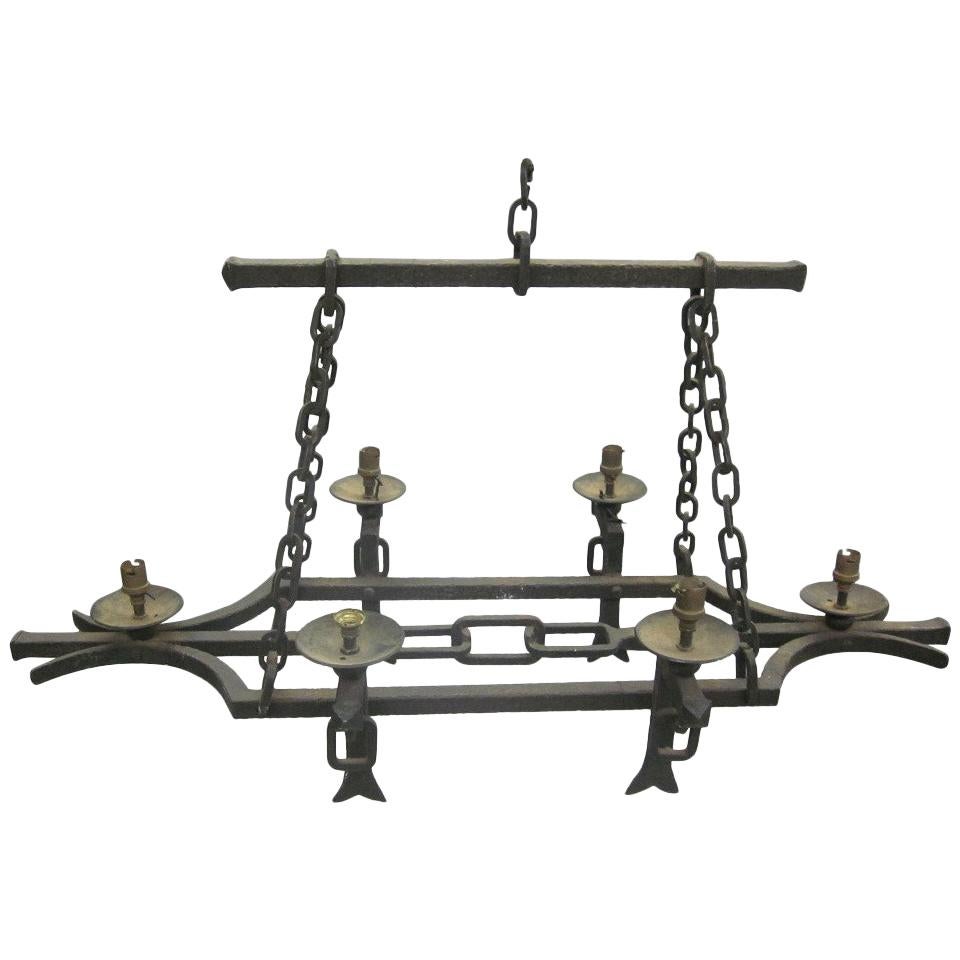 French 1940 Hand-Hammered Wrought Iron Chandelier in Style of Gilbert Poillerat For Sale