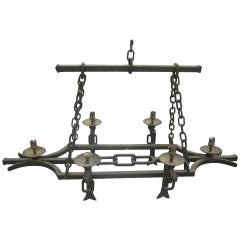 French 1940 Hand-Hammered Wrought Iron Chandelier in Style of Gilbert Poillerat