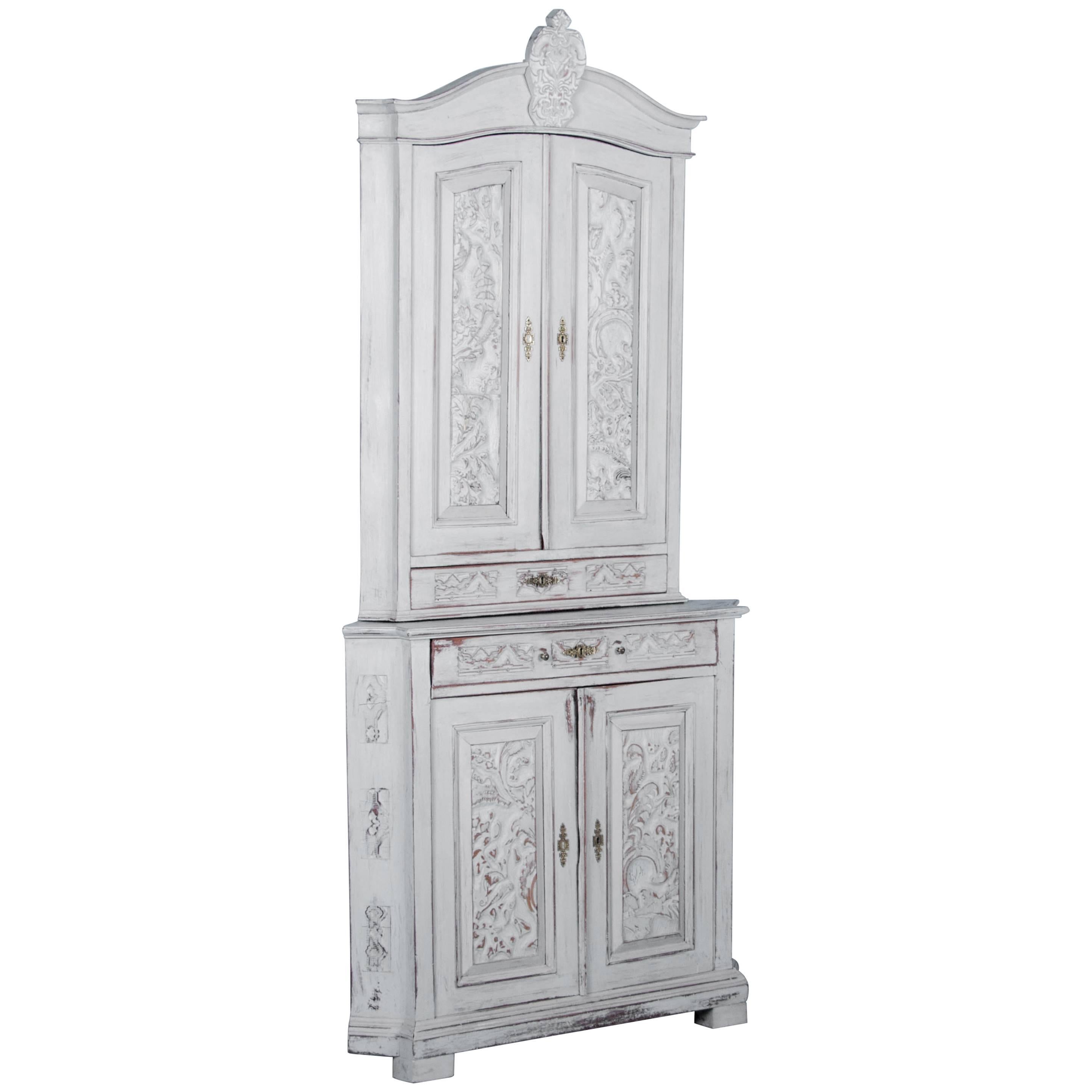 Antique Hand-Carved Swedish Gray Painted Corner Cupboard