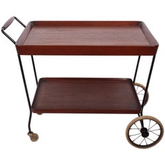 Antique Danish Modern Handled Teak & Black Enamel Rolling Two Tier Cart, 1950's 