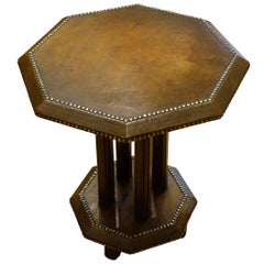 Brown Leather Octagonal Shaped Side Table, England, 1930s