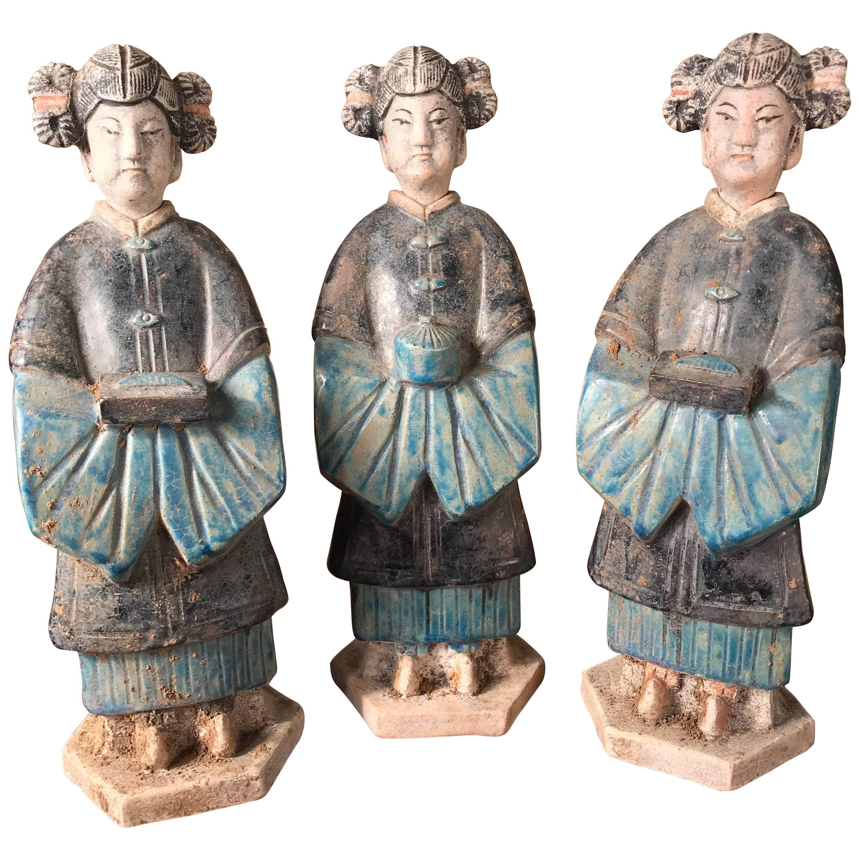 Ancient Chinese Trio Cobalt Blue Glazed Attendants Ming Dynasty, 1368-1644