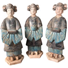 Ancient Chinese Trio Cobalt Blue Glazed Attendants Ming Dynasty, 1368-1644