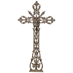 19th Century French Polished and Patinated Iron Garden Cross with Christ