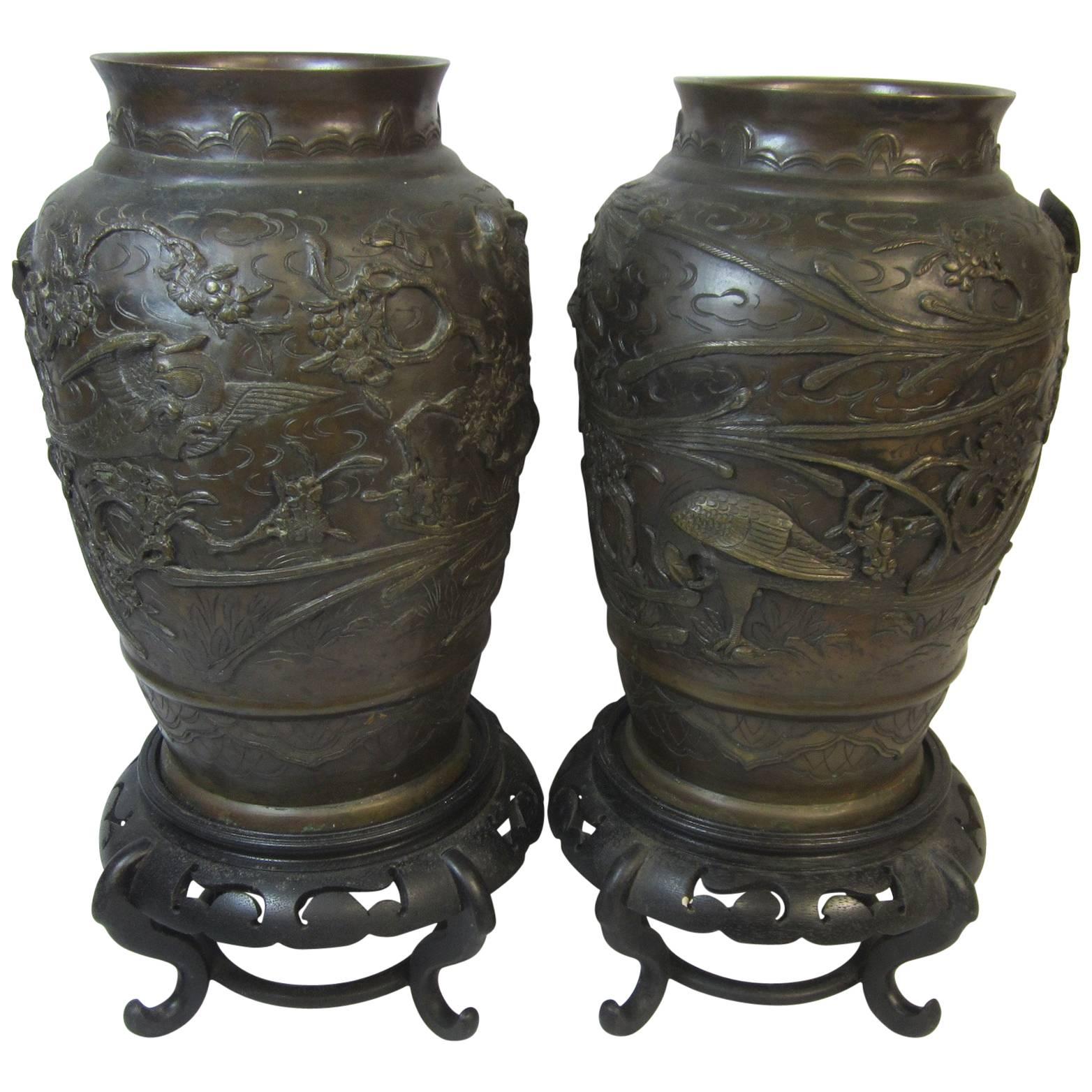 Pair of Japanese Meiji Period Bronze Urns