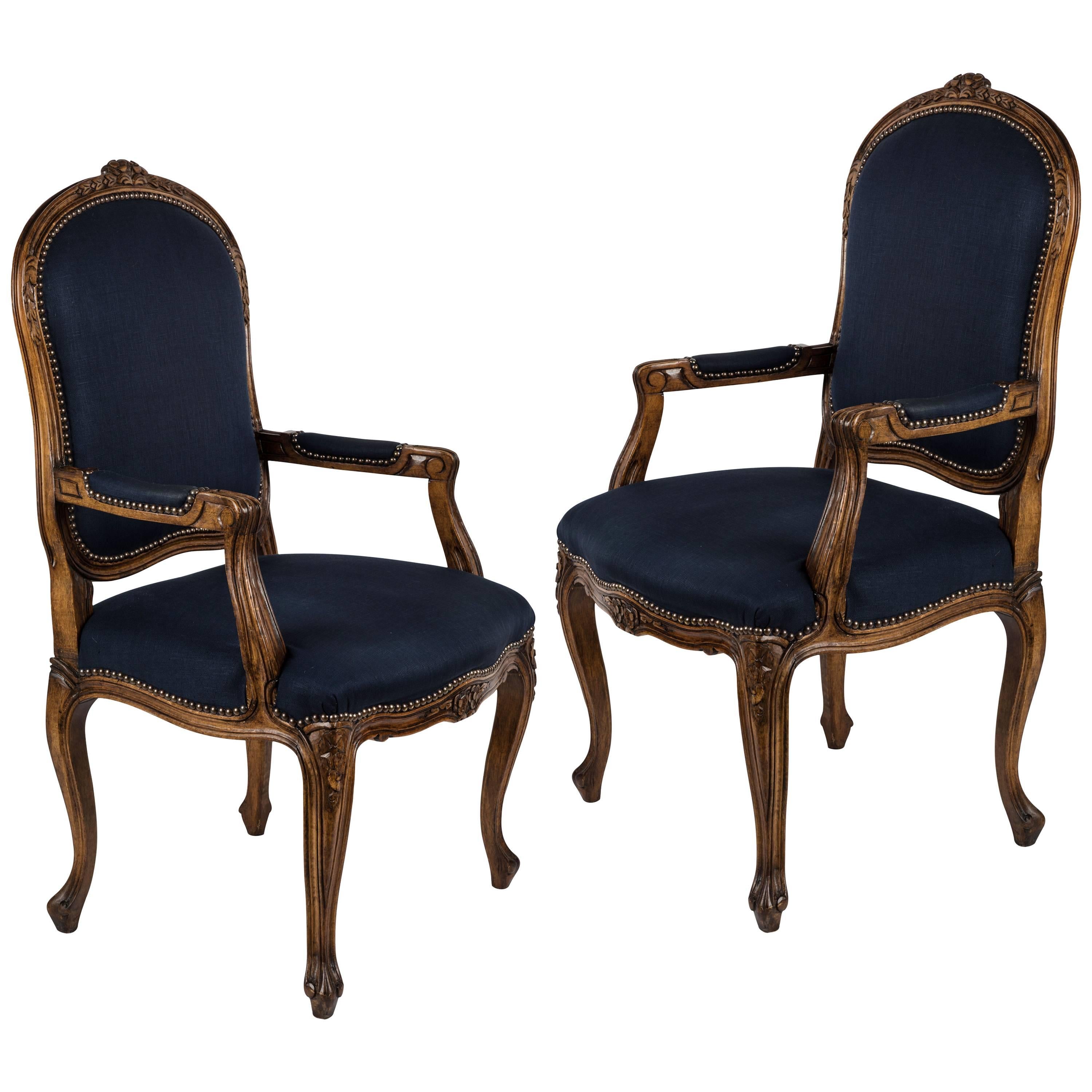 Pair of Louis XV Blue Fauteuil Armchairs For Sale